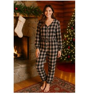 SMASH + TESS Plaid Long Sleeve Button Front Lounge Jumpsuit Sz L 12-14 Cozy Cute